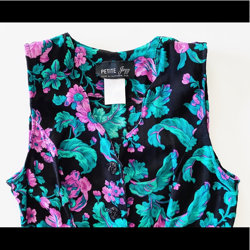 80s / 90s petite jazz bold floral mini dress - VTG black purple teal sheath - Picture 11 of 11